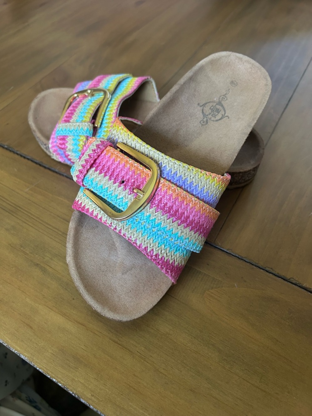 Sole Mates Colorful Woven Buckle Slide Sandals - Pink, Yellow, Blue
